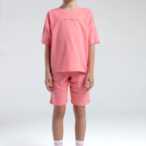 RP3590 طقم برمودا للفتيات قطن ثلاثة خيط لون وردي