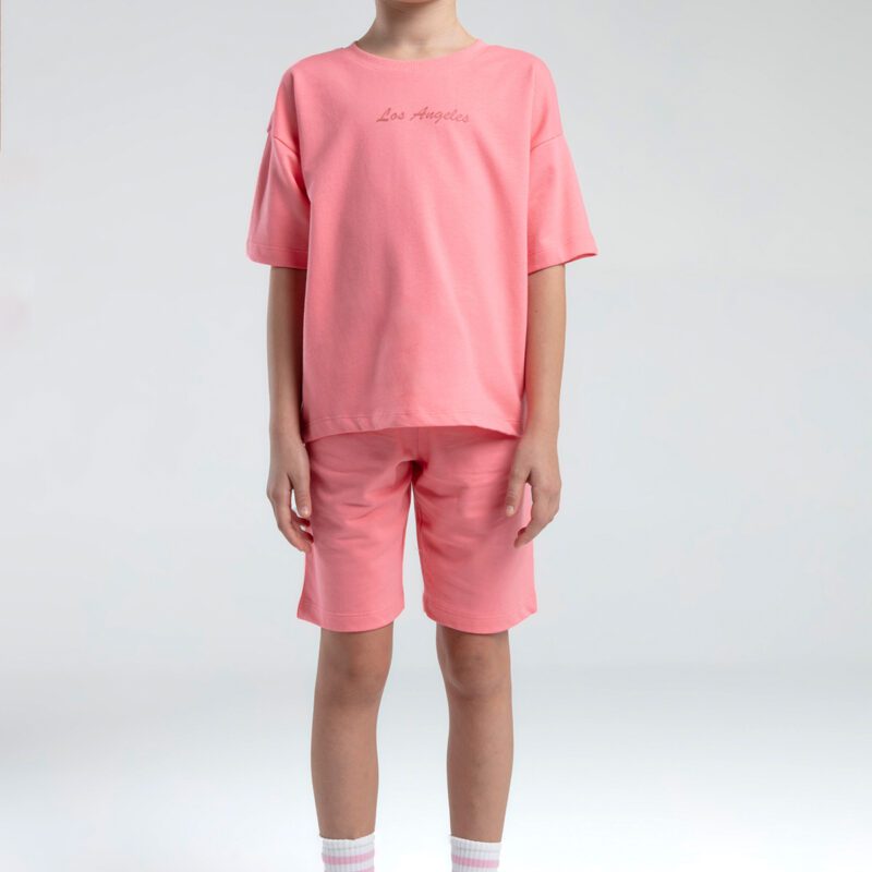 RP3590 طقم برمودا للفتيات قطن ثلاثة خيط لون وردي