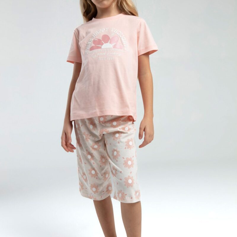 RP3608 طقم شورت قطن للبنات قطعتين لون مشمشي