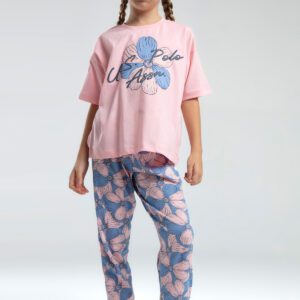 US2077 US POLO ASSN  طقم بيجاما قطن قطعتين للفتيات لون  زهري مع ازرق