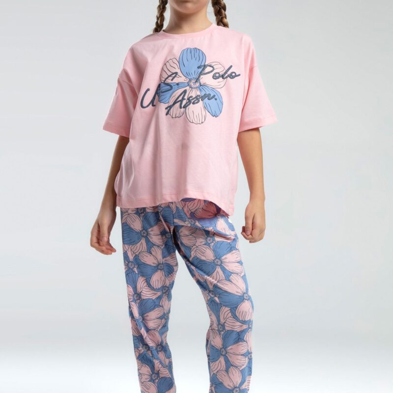 US2077 US POLO ASSN  طقم بيجاما قطن قطعتين للفتيات لون  زهري مع ازرق