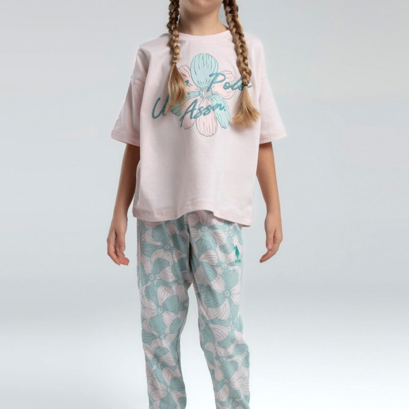 US2077 US POLO ASSN  طقم بيجاما قطن قطعتين للفتيات لون زهري بارد