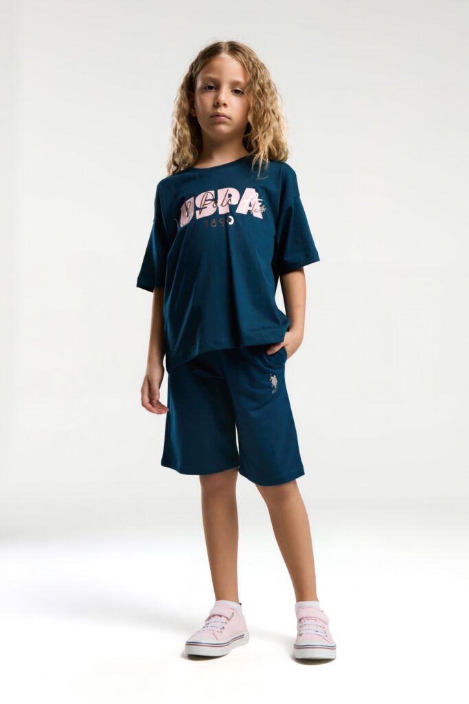 US2080 US POLO ASSN طقم شورت قطعتين للفتيات لون كحلي قطن