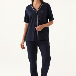 PC7715-S Pierre Cardin طقم بيجاما بأزرار للنساء قطعتين قطن صيفي لون كحلي