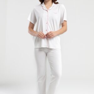 PC7715-S Pierre Cardin طقم بيجاما بأزرار للنساء قطعتين قطن صيفي لون ابيض
