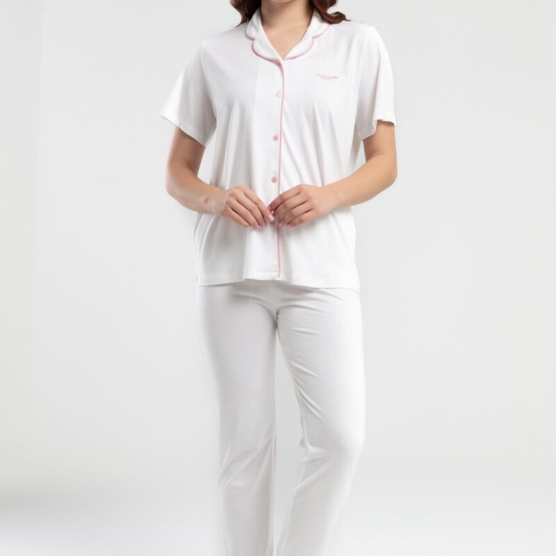 PC7715-S Pierre Cardin طقم بيجاما بأزرار للنساء قطعتين قطن صيفي لون ابيض