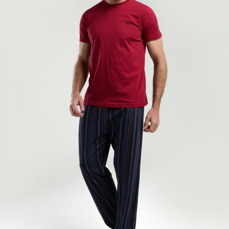 AR3352-S طقم بيجاما قطن للرجال قطعتين بلوز لون برغندي مع بنطال مقلم