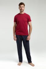 ⁦AR3352-S طقم بيجاما قطن للرجال قطعتين بلوز لون برغندي مع بنطال مقلم⁩ - الصورة ⁦4⁩