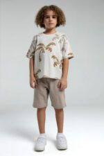 RP3573 طقم شورت للاولاد قطن قطعتين لون بيج