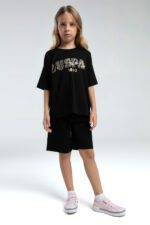 US2080 US POLO ASSN طقم شورت قطعتين للفتيات لون اسود قطن