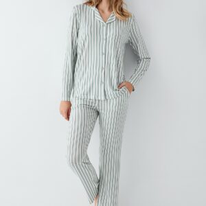 AR3408-S طقم بيجاما قطن بأزرار للنساء مخططة باللون الاخضر