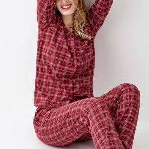 AR3447-S طقم بيجاما قطن بأزرار للنساء مخططة باللون الاحمر