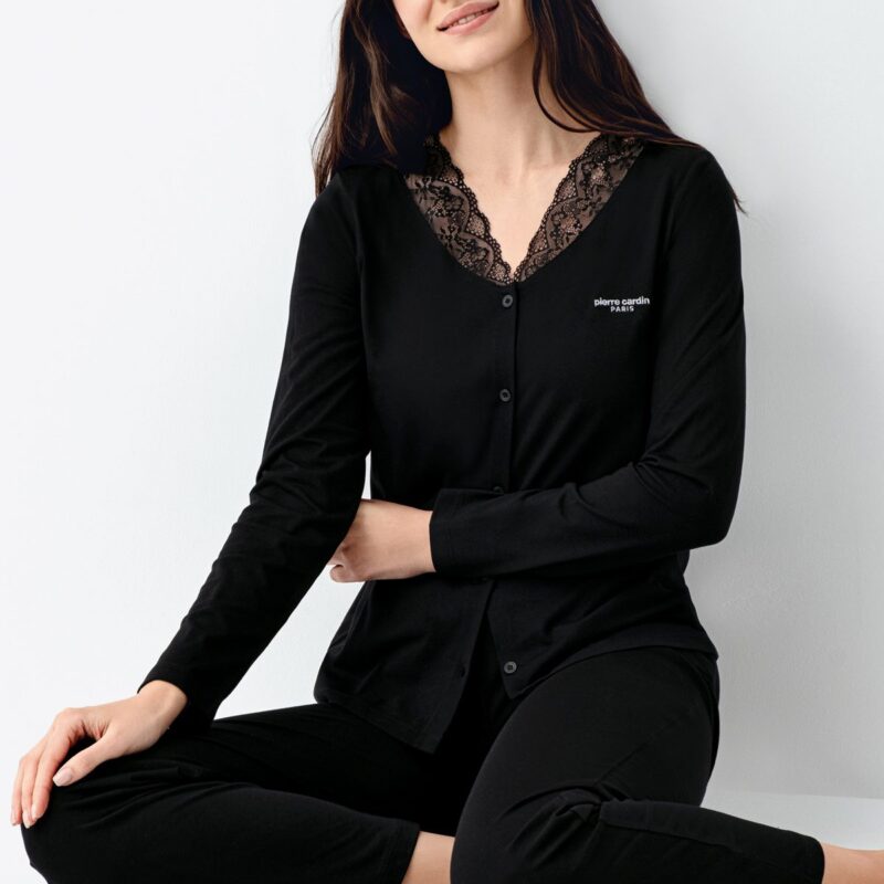 PC9116-S PIERRE CARDIN طقم بيجاما بأزرار لون اسود قطن