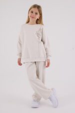 US2304 US POLO ASSN طقم للفتيات قطن ثلاثة خيط لون بيج