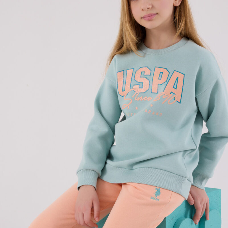 US2315 US POLO ASSN  طقم للفتيات قطن مبطن ودافئ بلوز لون فستقي مع  بنطال لون برتقالي