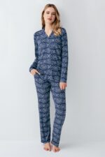 ⁦AR3402-S طقم بيجاما قطن بأزرار لون كحلي للنساء⁩ - الصورة ⁦5⁩