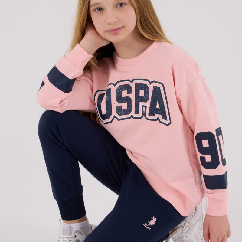 US2321 US POLO ASSN طقم للفتيات قطن ثلاثة خيط لون زهري