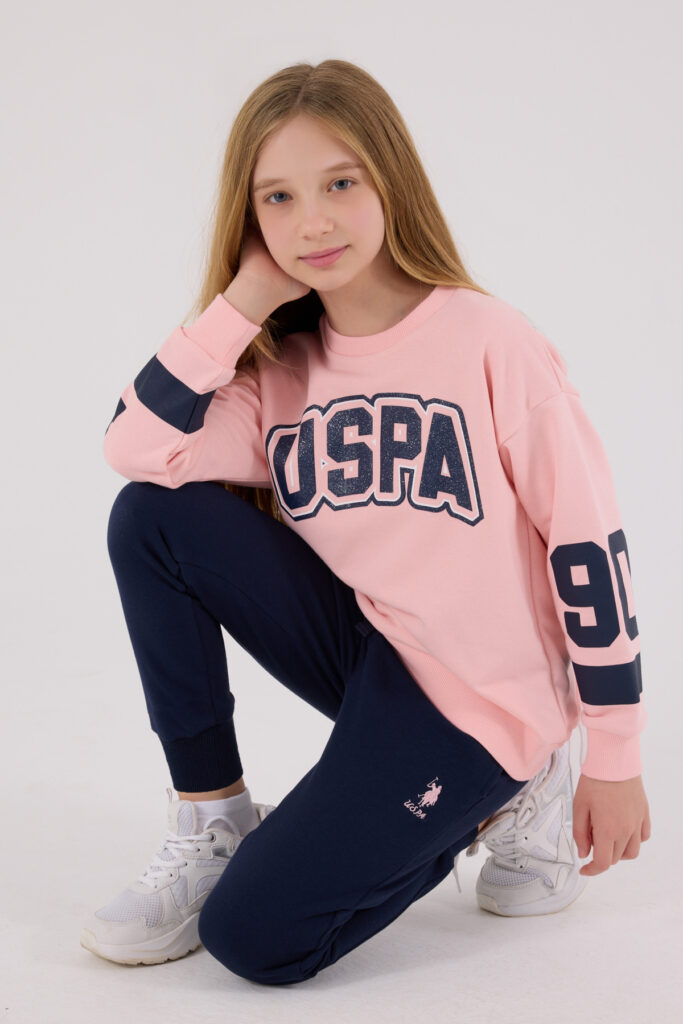 US2321 US POLO ASSN طقم للفتيات قطن ثلاثة خيط لون زهري