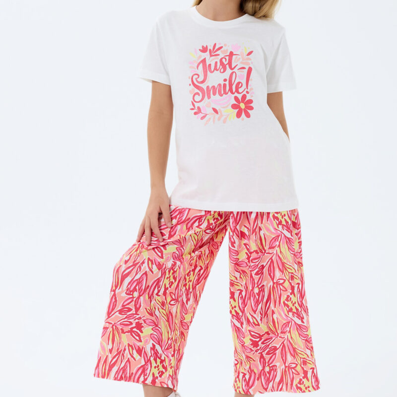 RP3807 طقم برمودا للفتيات قطن قطعتين لون وردي مع ابيض