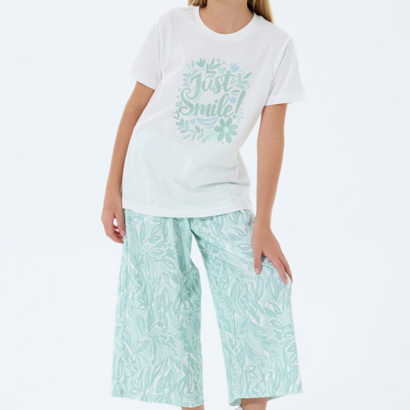 RP3807 طقم برمودا للفتيات قطن قطعتين لون اخضر مع ابيض