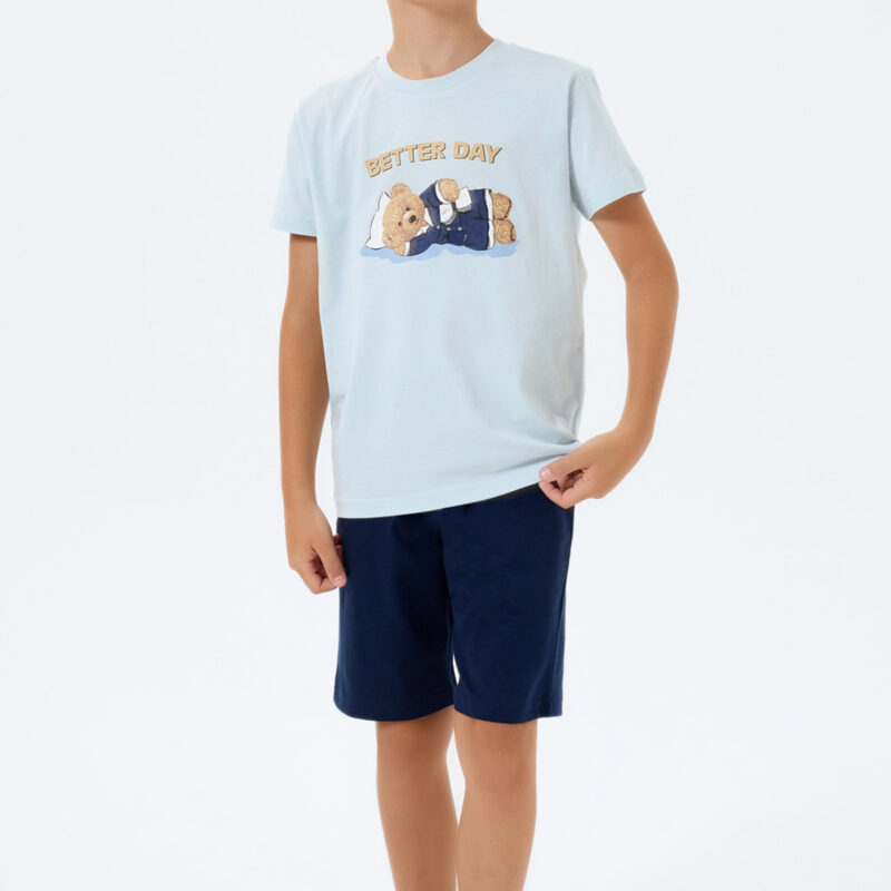 RP3817 طقم شورت قطن للاولاد قطعتين مع رسمة دبدوب