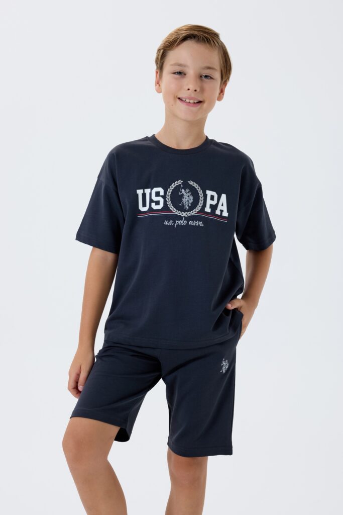 US2425 USPA طقم شورت للاولاد قطن قطعتين لون رمادي