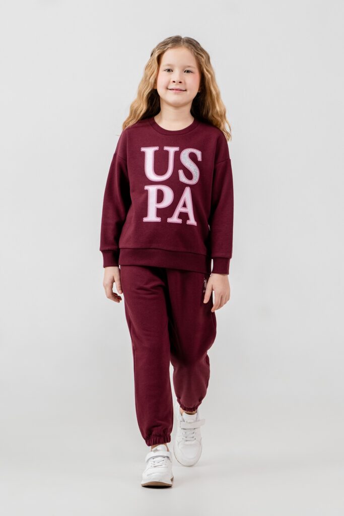 US2712 US POLO ASSN طقم للفتيات قطن ثلاثة خيط قطعتين لون بيرغندي