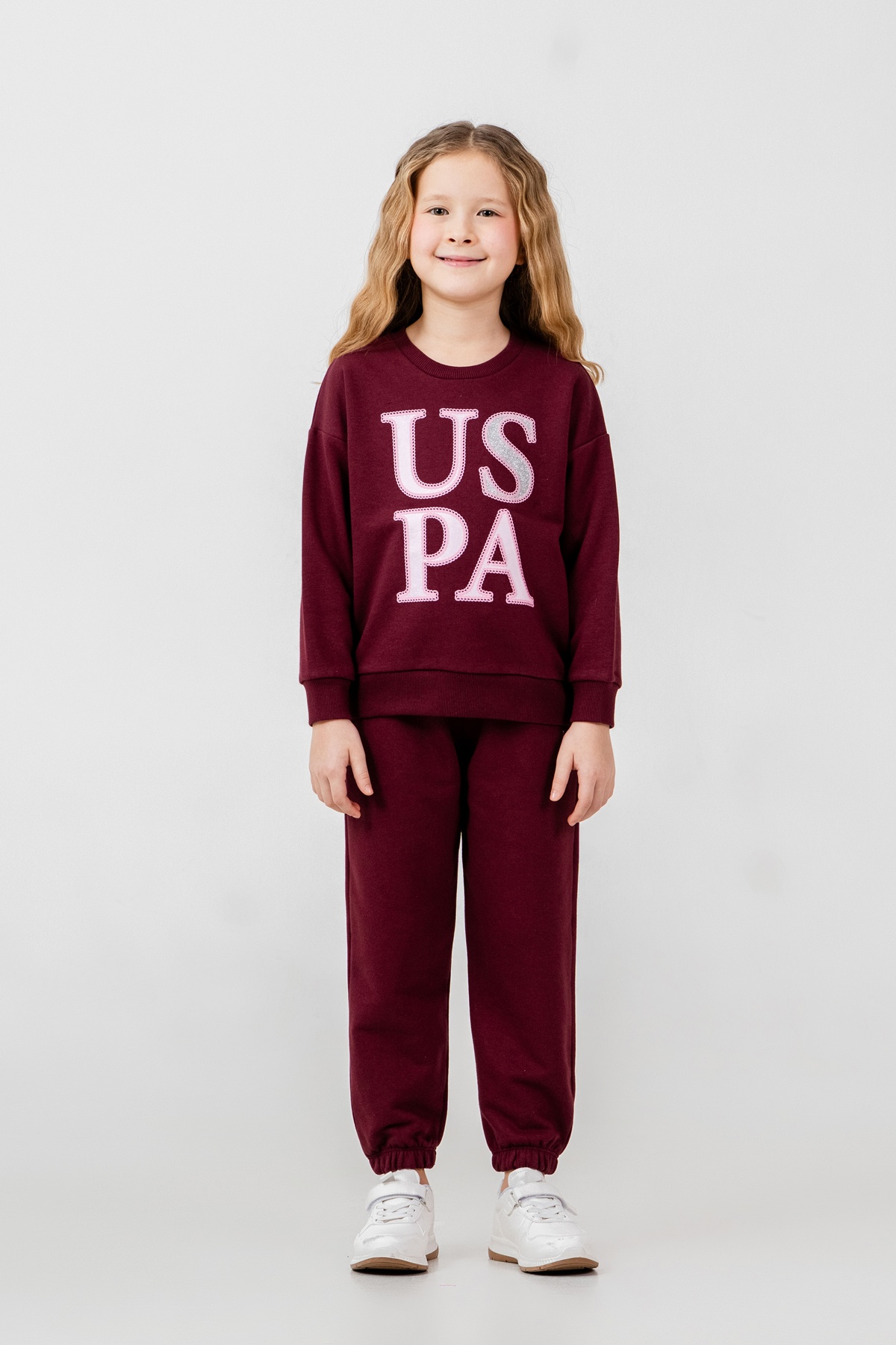 US2712 US POLO ASSN طقم للفتيات قطن ثلاثة خيط قطعتين لون بيرغندي - الصورة 7