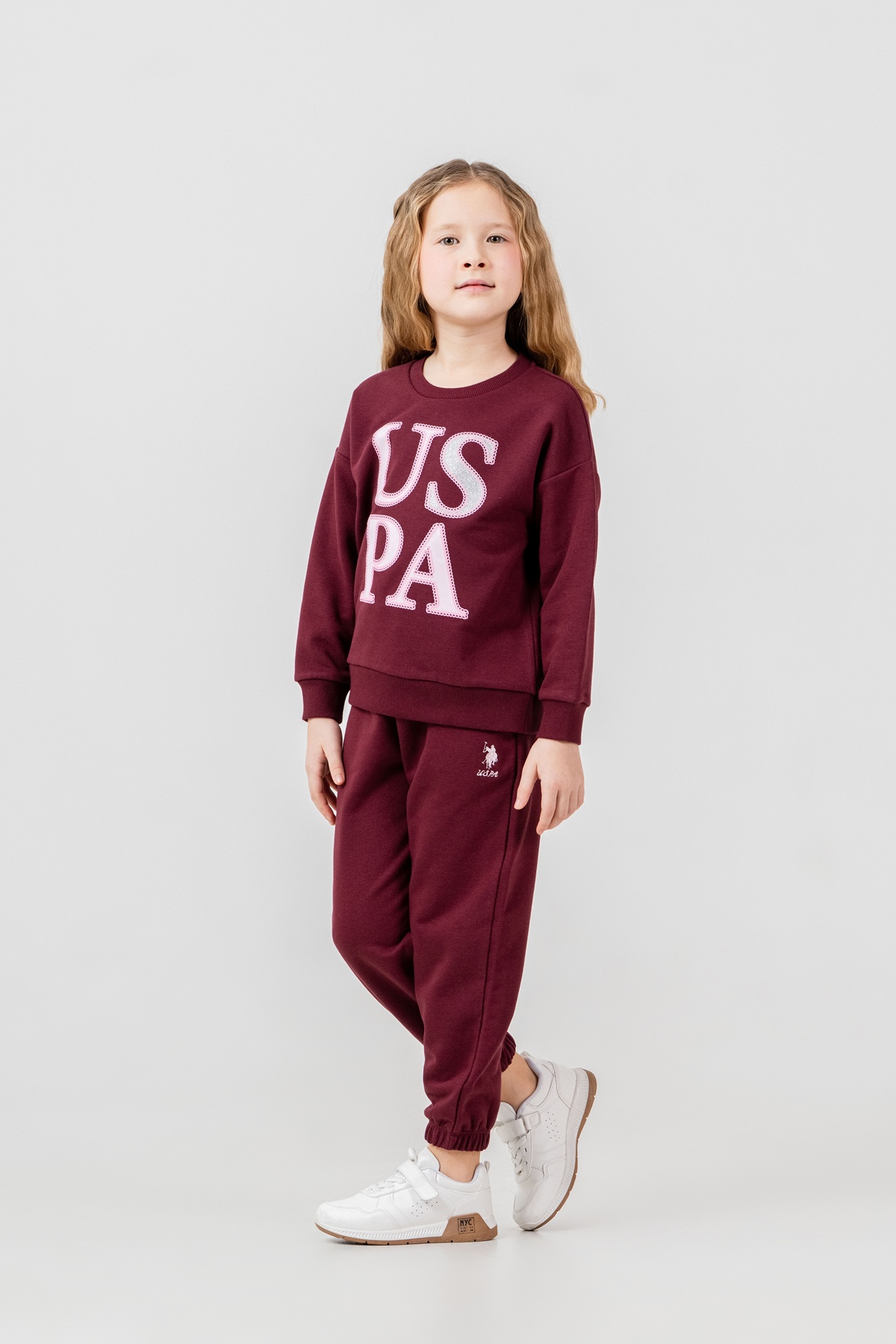US2712 US POLO ASSN طقم للفتيات قطن ثلاثة خيط قطعتين لون بيرغندي - الصورة 2